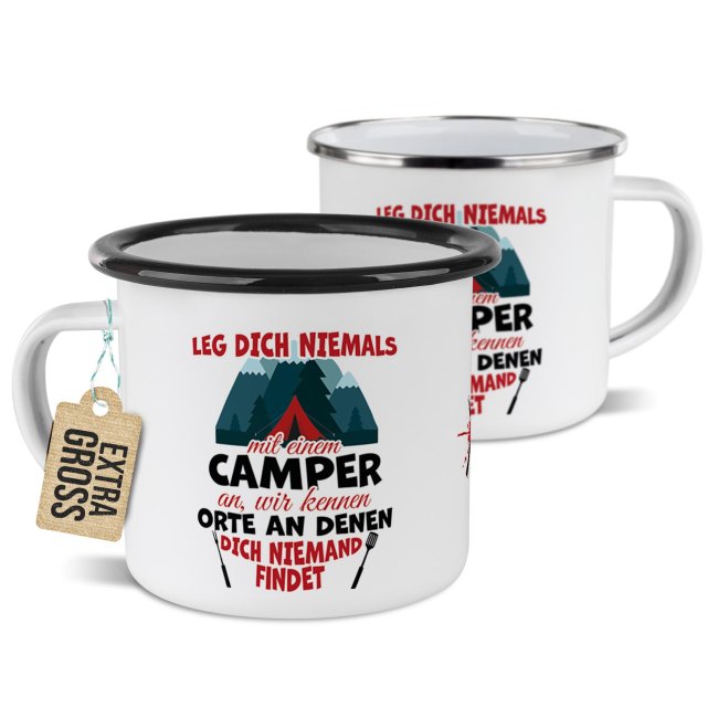 Emaille-Tasse - Leg dich niemals mit einem Camper an - 480 ml