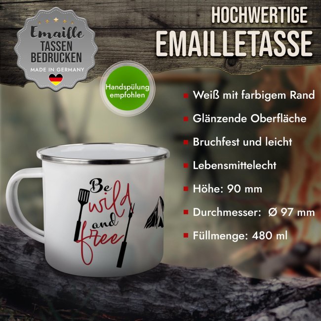 Emaille-Tasse - Be wild and free - mit Name - 480 ml