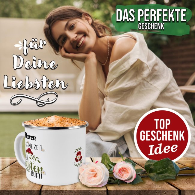 Emaille-Tasse - Der Garten ruft - mit Name - 480 ml