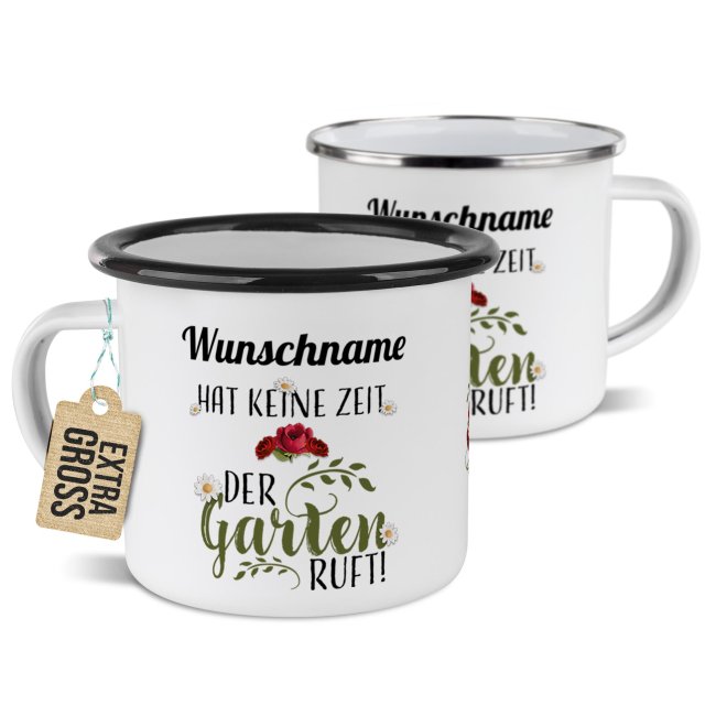 Emaille-Tasse - Der Garten ruft - mit Name - 480 ml