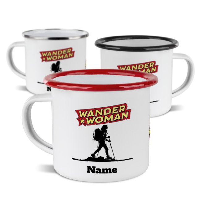 Emaille-Tasse - Wanderwoman - mit Name - 300 ml