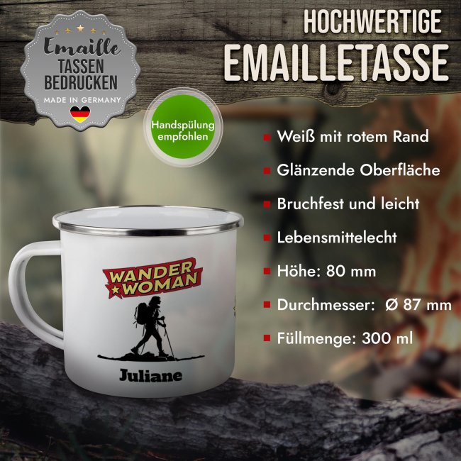 Emaille-Tasse - Wanderwoman - mit Name - 300 ml