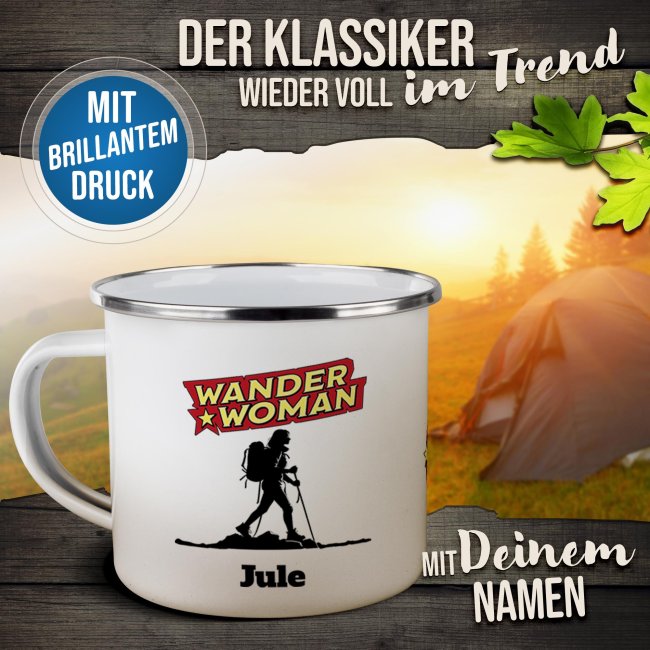 Emaille-Tasse - Wanderwoman - mit Name - 300 ml