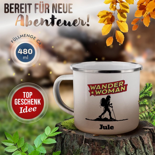Emaille-Tasse - Wanderwoman - mit Name - 480 ml