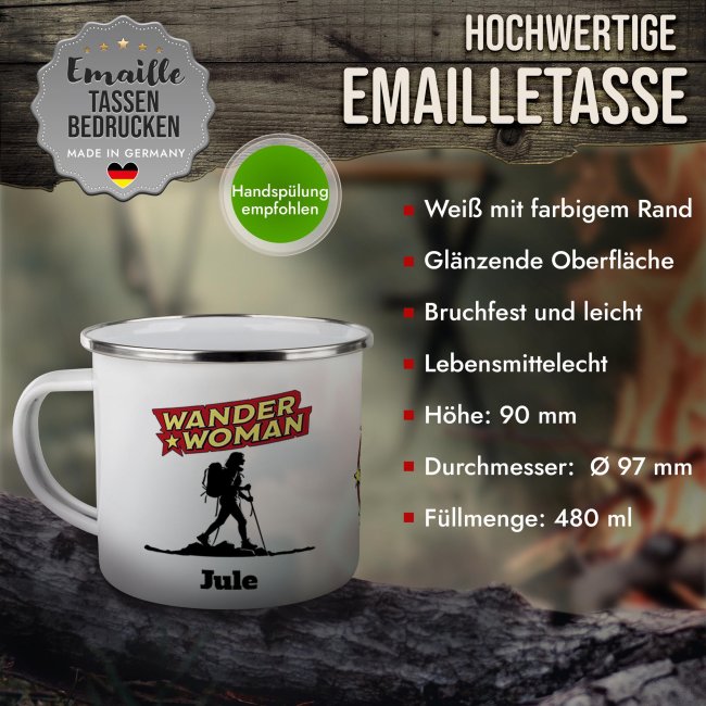 Emaille-Tasse - Wanderwoman - mit Name - 480 ml