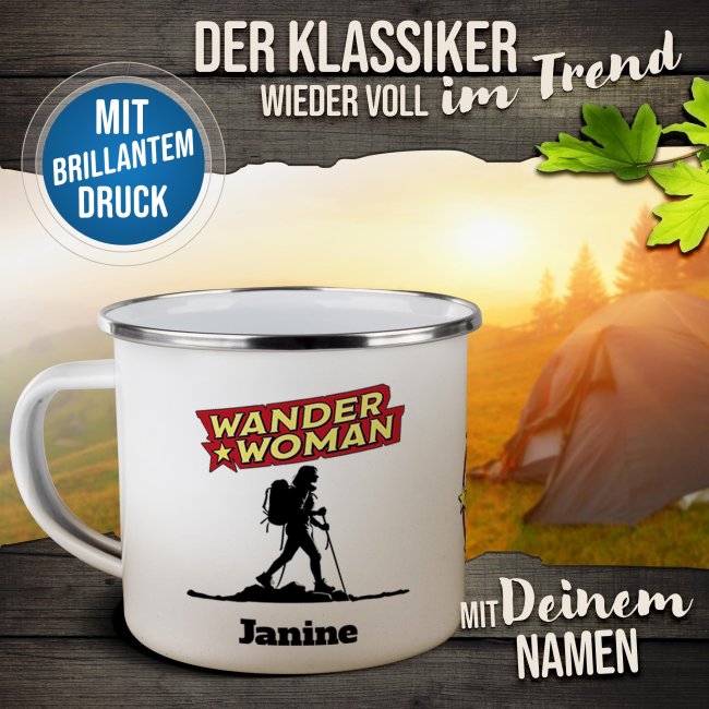Emaille-Tasse - Wanderwoman - mit Name - 480 ml