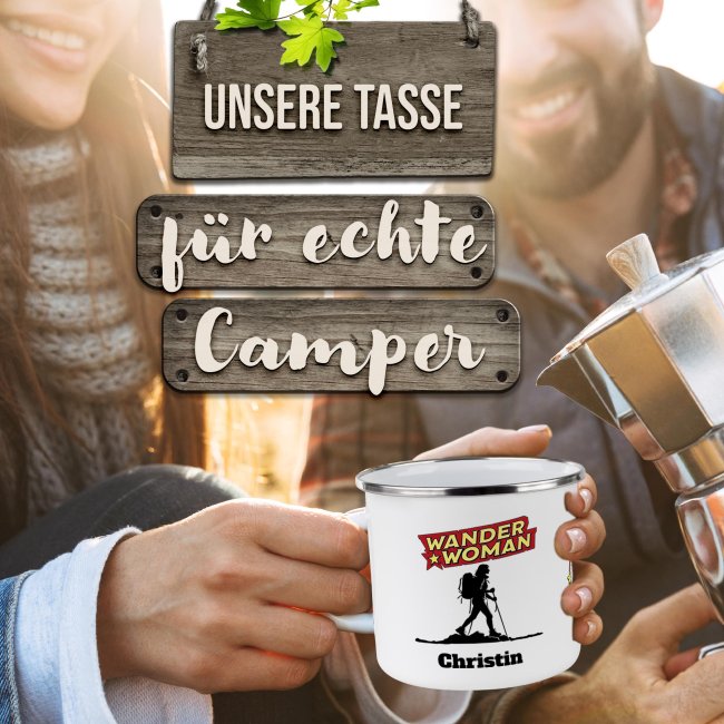 Emaille-Tasse - Wanderwoman - mit Name - 480 ml