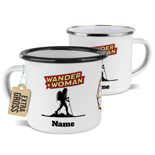 Emaille-Tasse - Wanderwoman - mit Name - 480 ml