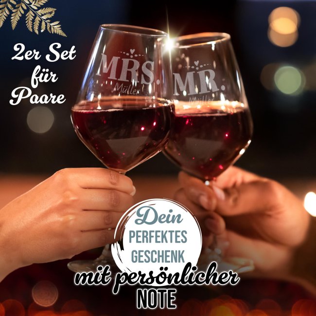 Rotweingl&auml;ser mit Gravur - Mrs &amp; Mr - mit Name