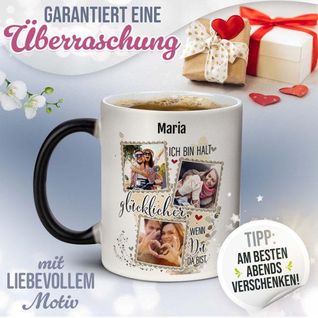 Magic Mug Zaubertasse mit Name &amp; Fotos - Gl&uuml;cklicher, wenn du da bist - 300 ml