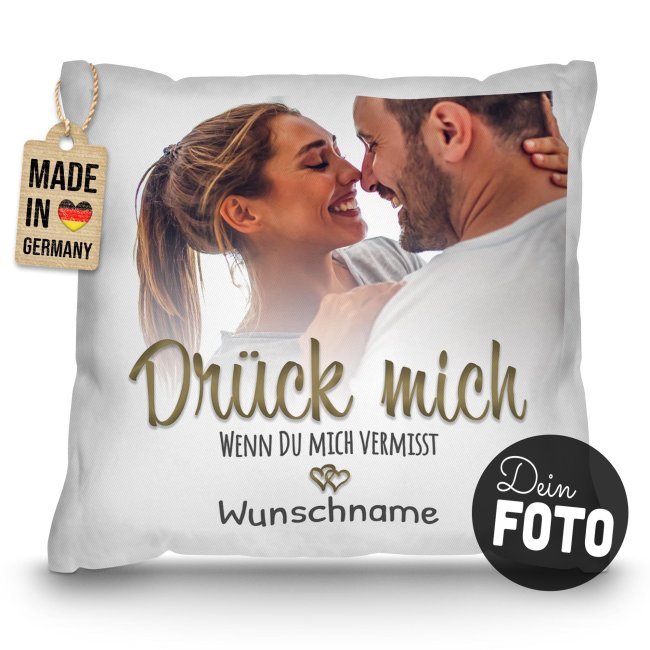 Kissen - Dr&uuml;ck mich wenn du mich vermisst - mit Name &amp; Foto - Wei&szlig;