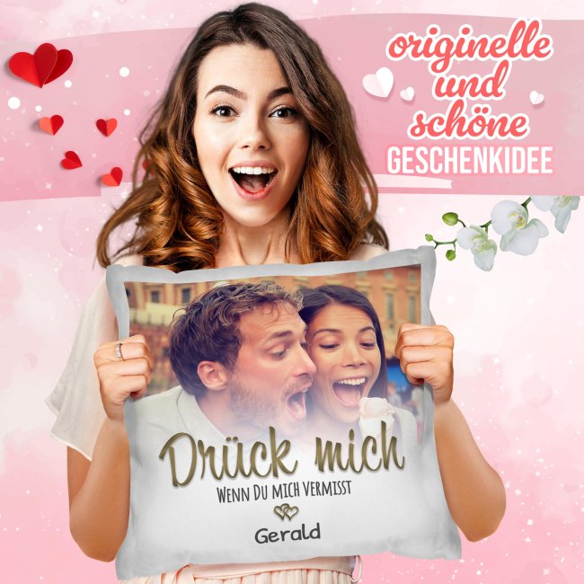 Kissen - Dr&uuml;ck mich wenn du mich vermisst - mit Name &amp; Foto - Wei&szlig;