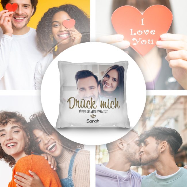 Kissen - Dr&uuml;ck mich wenn du mich vermisst - mit Name &amp; Foto - Wei&szlig;