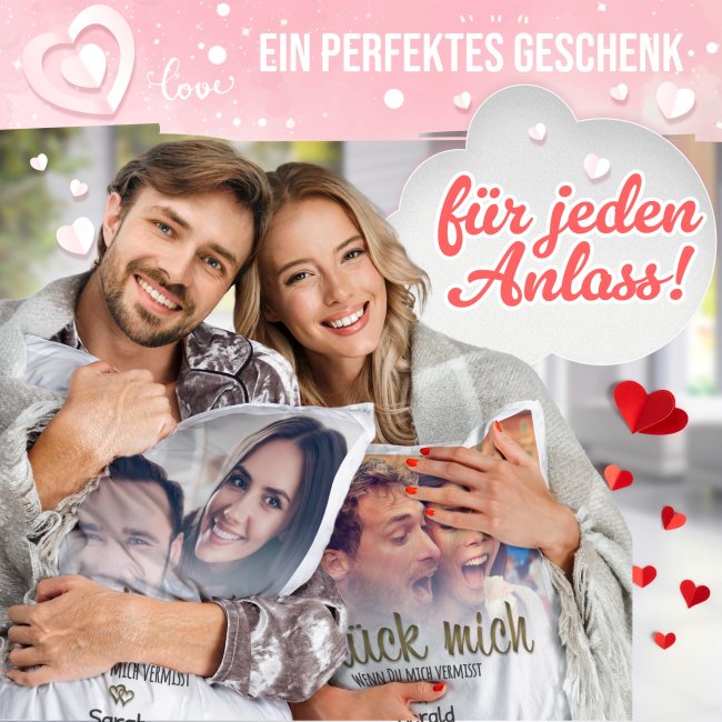 Kissen - Dr&uuml;ck mich wenn du mich vermisst - mit Name &amp; Foto - Wei&szlig;