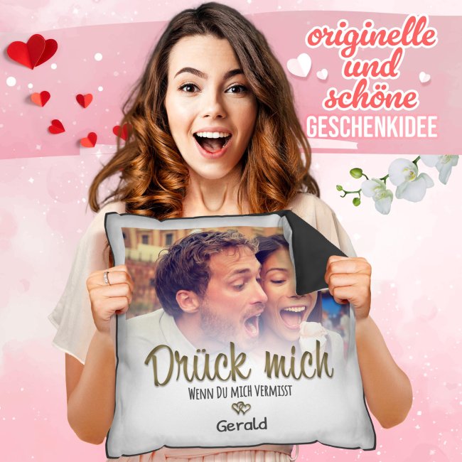Kissen - Dr&uuml;ck mich wenn du mich vermisst - mit Name &amp; Foto - Schwarz