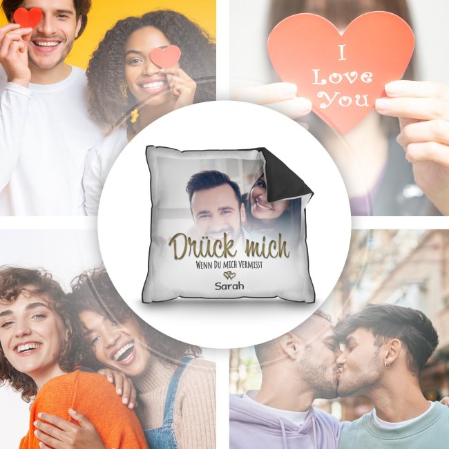 Kissen - Dr&uuml;ck mich wenn du mich vermisst - mit Name &amp; Foto - Schwarz