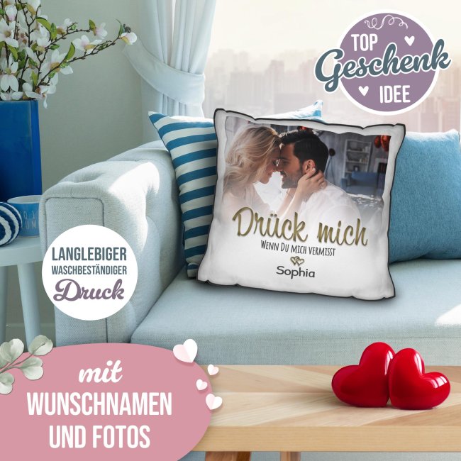Kissen - Dr&uuml;ck mich wenn du mich vermisst - mit Name &amp; Foto - Schwarz