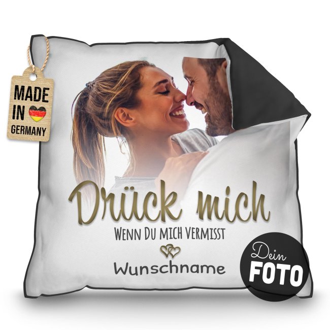 Kissen - Dr&uuml;ck mich wenn du mich vermisst - mit Name &amp; Foto - Schwarz