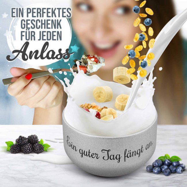 Glitzer M&uuml;slischale mit Wunschtext bedrucken - 500 ml, Silber