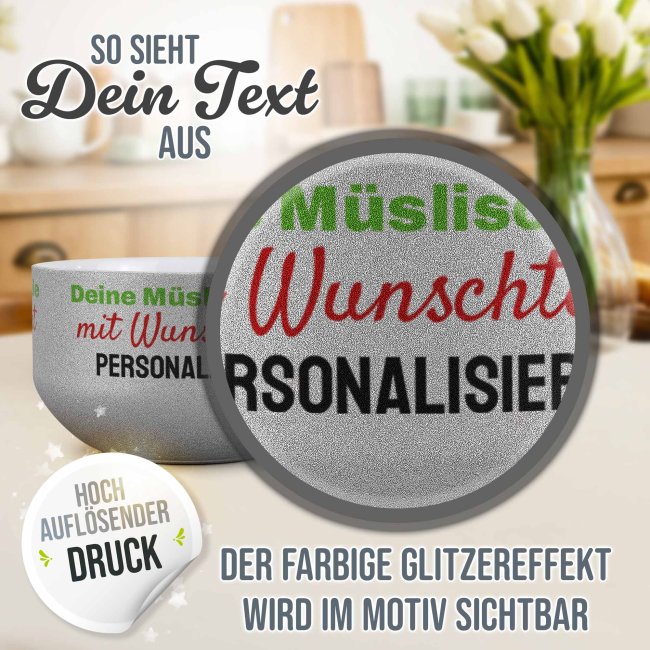 Glitzer M&uuml;slischale mit Wunschtext bedrucken - 500 ml, Silber