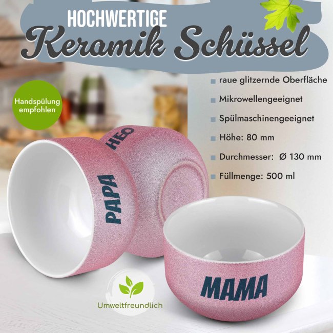 Glitzer M&uuml;slischale mit Wunschtext bedrucken - 500 ml, Pink