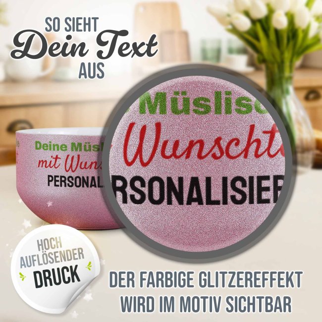 Glitzer M&uuml;slischale mit Wunschtext bedrucken - 500 ml, Pink