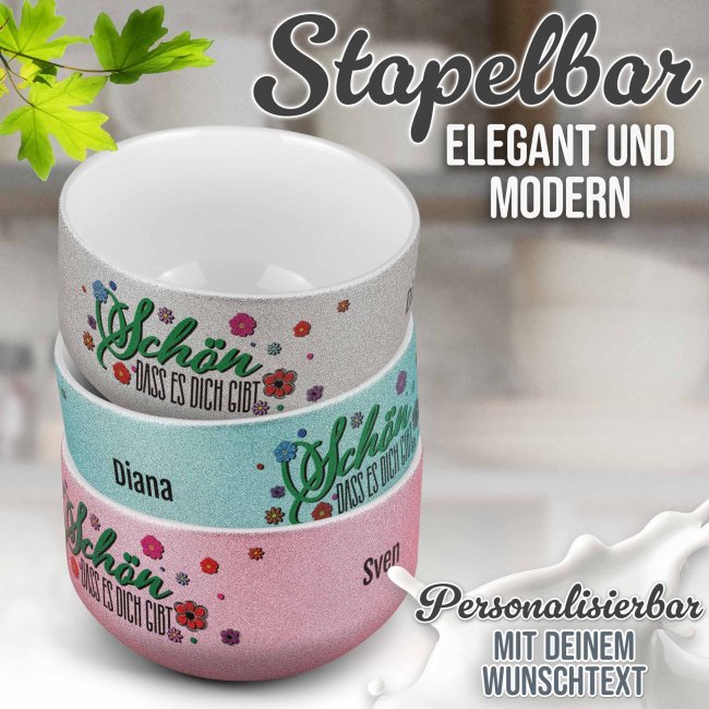 Glitzer M&uuml;slisch&uuml;ssel - Sch&ouml;n, dass es dich gibt - mit Name - 500 ml