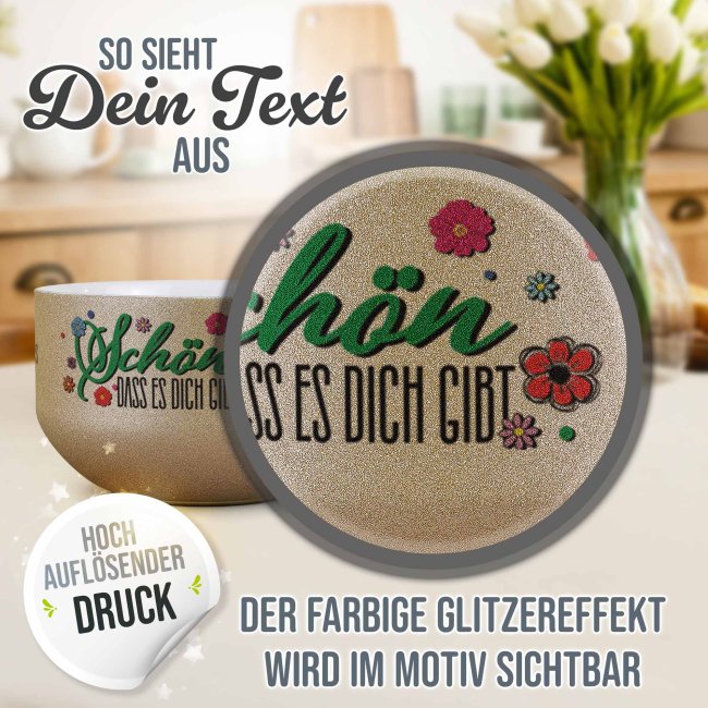 Glitzer M&uuml;slisch&uuml;ssel - Sch&ouml;n, dass es dich gibt - mit Name - 500 ml