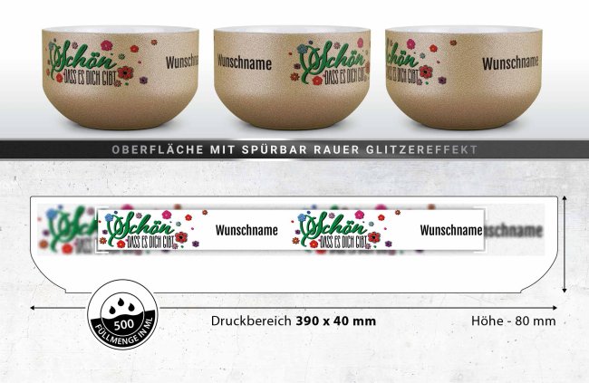 Glitzer M&uuml;slisch&uuml;ssel - Sch&ouml;n, dass es dich gibt - mit Name - 500 ml