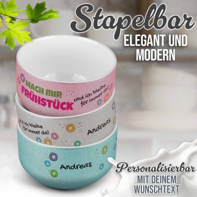 Glitzer M&uuml;slisch&uuml;ssel - Mach mir Fr&uuml;hst&uuml;ck - mit Name - 500 ml