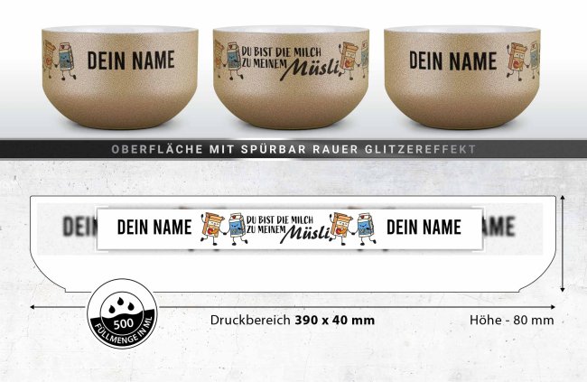 Glitzer M&uuml;slisch&uuml;ssel - Du bist die Milch zu meinem M&uuml;sli - mit Name - 500 ml