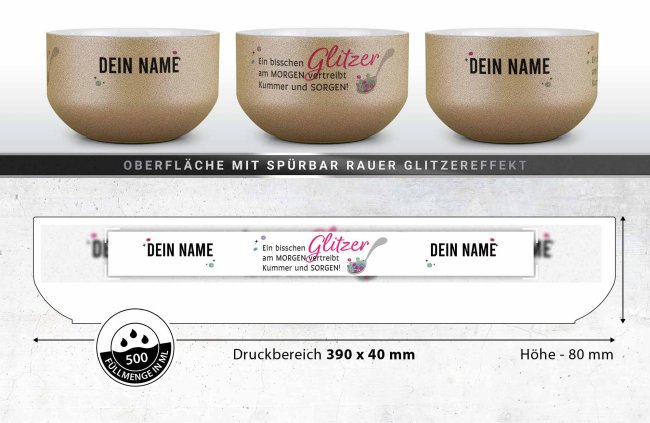 Glitzer M&uuml;slisch&uuml;ssel - Ein bisschen Glitzer am Morgen - mit Name, 500 ml