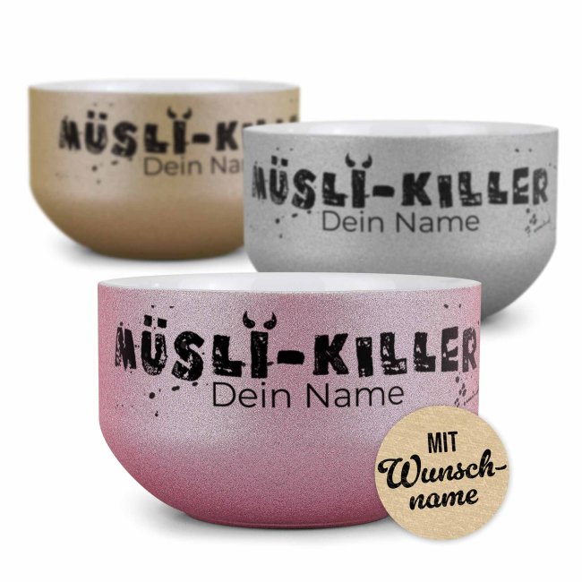 Glitzer M&uuml;slisch&uuml;ssel - M&uuml;sli Killer - mit Name, 500 ml