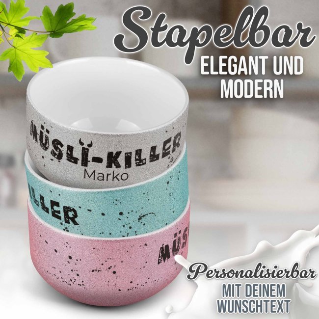 Glitzer M&uuml;slisch&uuml;ssel - M&uuml;sli Killer - mit Name, 500 ml