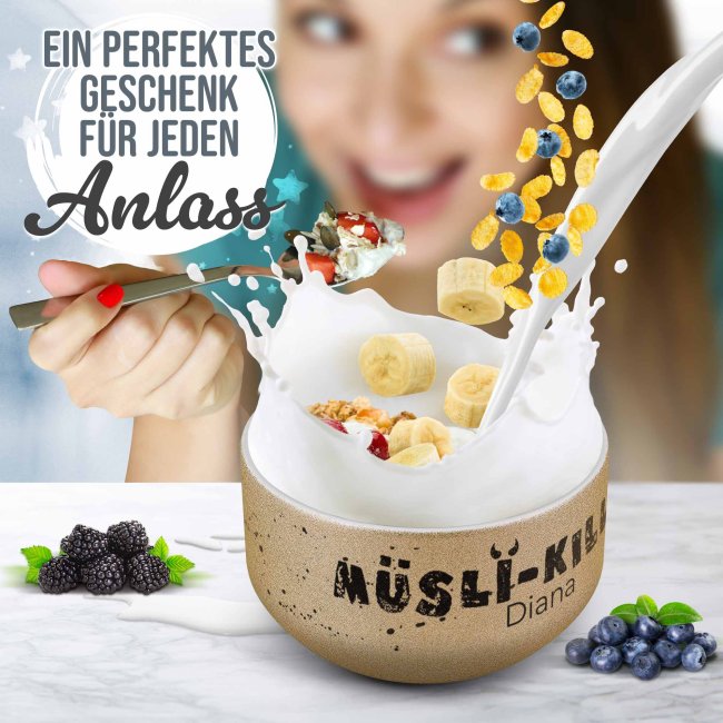 Glitzer M&uuml;slisch&uuml;ssel - M&uuml;sli Killer - mit Name, 500 ml