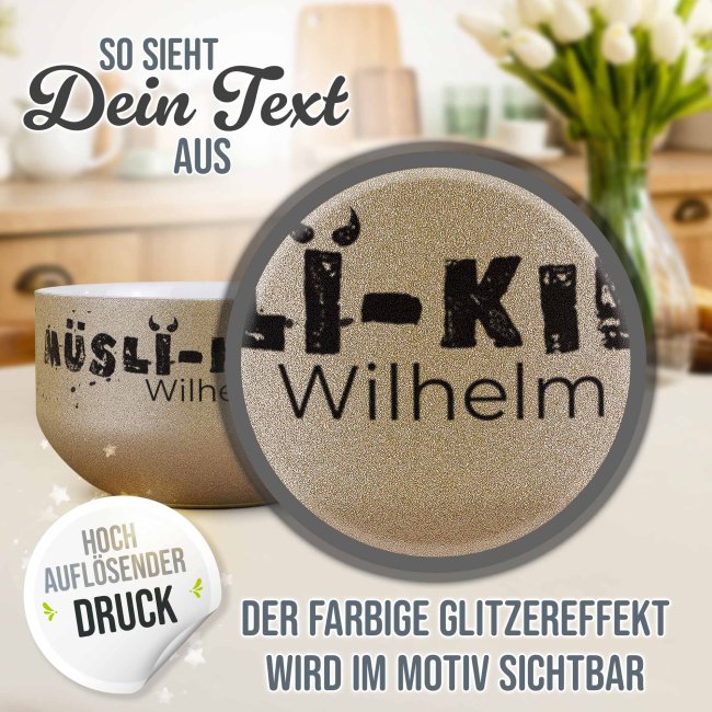 Glitzer M&uuml;slisch&uuml;ssel - M&uuml;sli Killer - mit Name, 500 ml