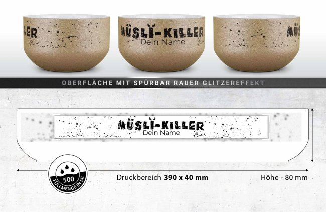 Glitzer M&uuml;slisch&uuml;ssel - M&uuml;sli Killer - mit Name, 500 ml