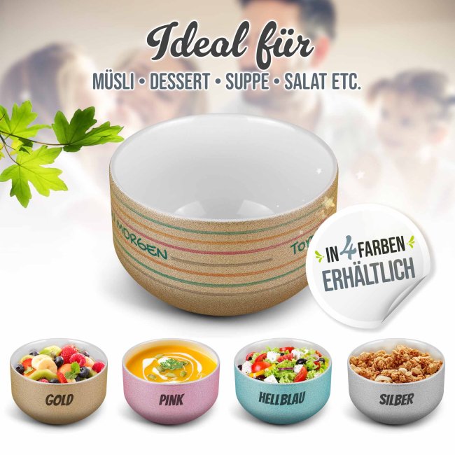 Glitzer M&uuml;slisch&uuml;ssel - Guten Morgen - mit Name, 500 ml