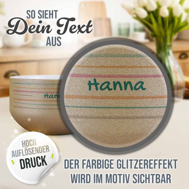 Glitzer M&uuml;slisch&uuml;ssel - Guten Morgen - mit Name, 500 ml