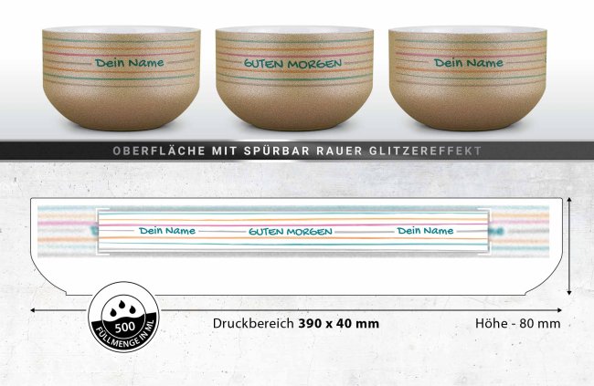 Glitzer M&uuml;slisch&uuml;ssel - Guten Morgen - mit Name, 500 ml