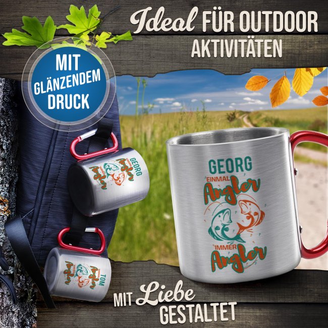 Karabiner Tasse - Einmal Angler, immer Angler - mit Name