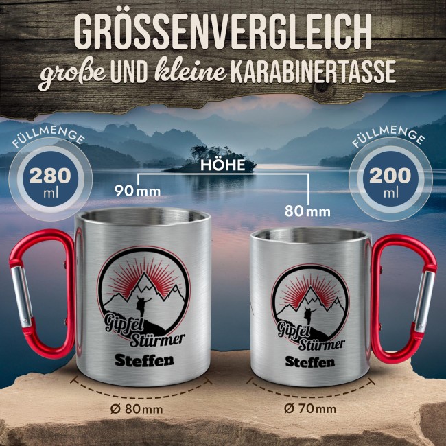 Karabiner Tasse - Gipfelst&uuml;rmer - mit Name - Rot, 200 ml