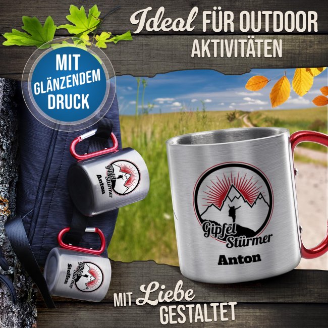 Karabiner Tasse - Gipfelst&uuml;rmer - mit Name - Rot, 200 ml