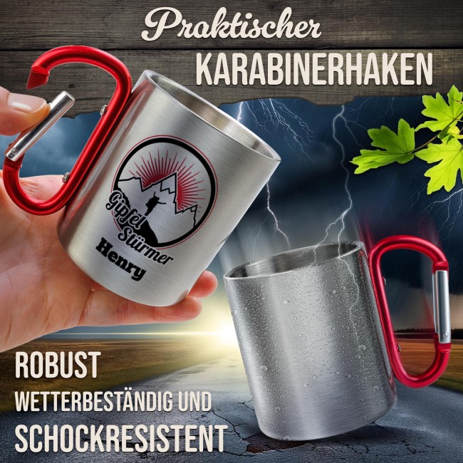 Karabiner Tasse - Gipfelst&uuml;rmer - mit Name - Rot, 200 ml