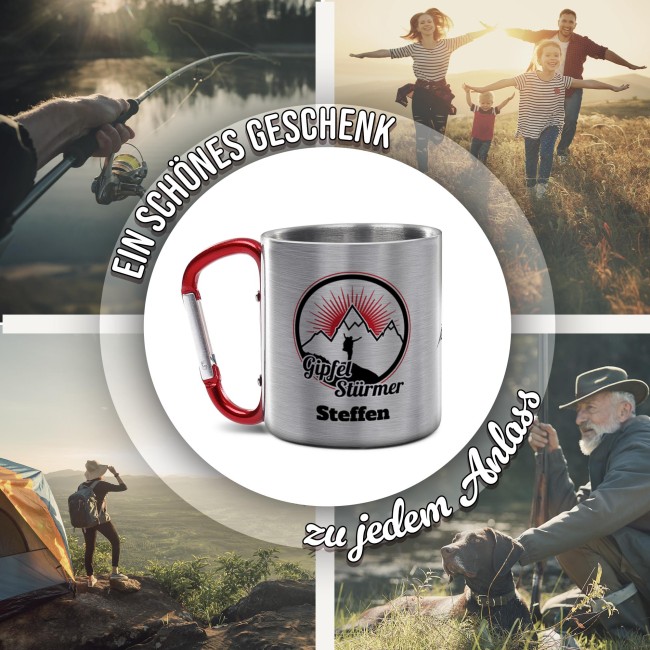 Karabiner Tasse - Gipfelst&uuml;rmer - mit Name - Rot, 200 ml
