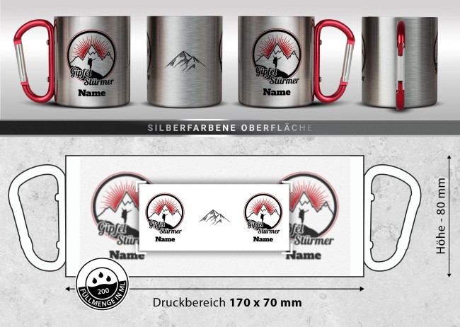 Karabiner Tasse - Gipfelst&uuml;rmer - mit Name - Rot, 200 ml