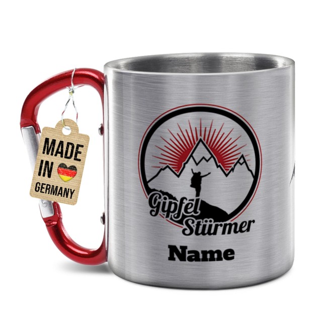 Karabiner Tasse - Gipfelst&uuml;rmer - mit Name - Rot, 200 ml