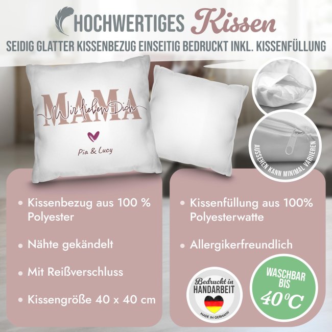 Personalisiertes Kissen - Mama wir lieben dich - mit Name / Text - Wei&szlig;