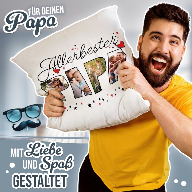 Personalisiertes Kissen - Allerbester Papa - mit 4 Fotos - Wei&szlig;