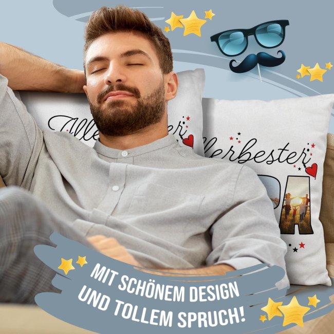 Personalisiertes Kissen - Allerbester Papa - mit 4 Fotos - Wei&szlig;